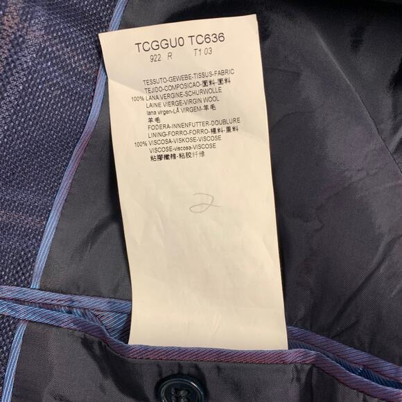 Size 44 Navy Blue Brown Plaid Virgin Wool Notch Lapel Sport Coat - Picture 7 of 8